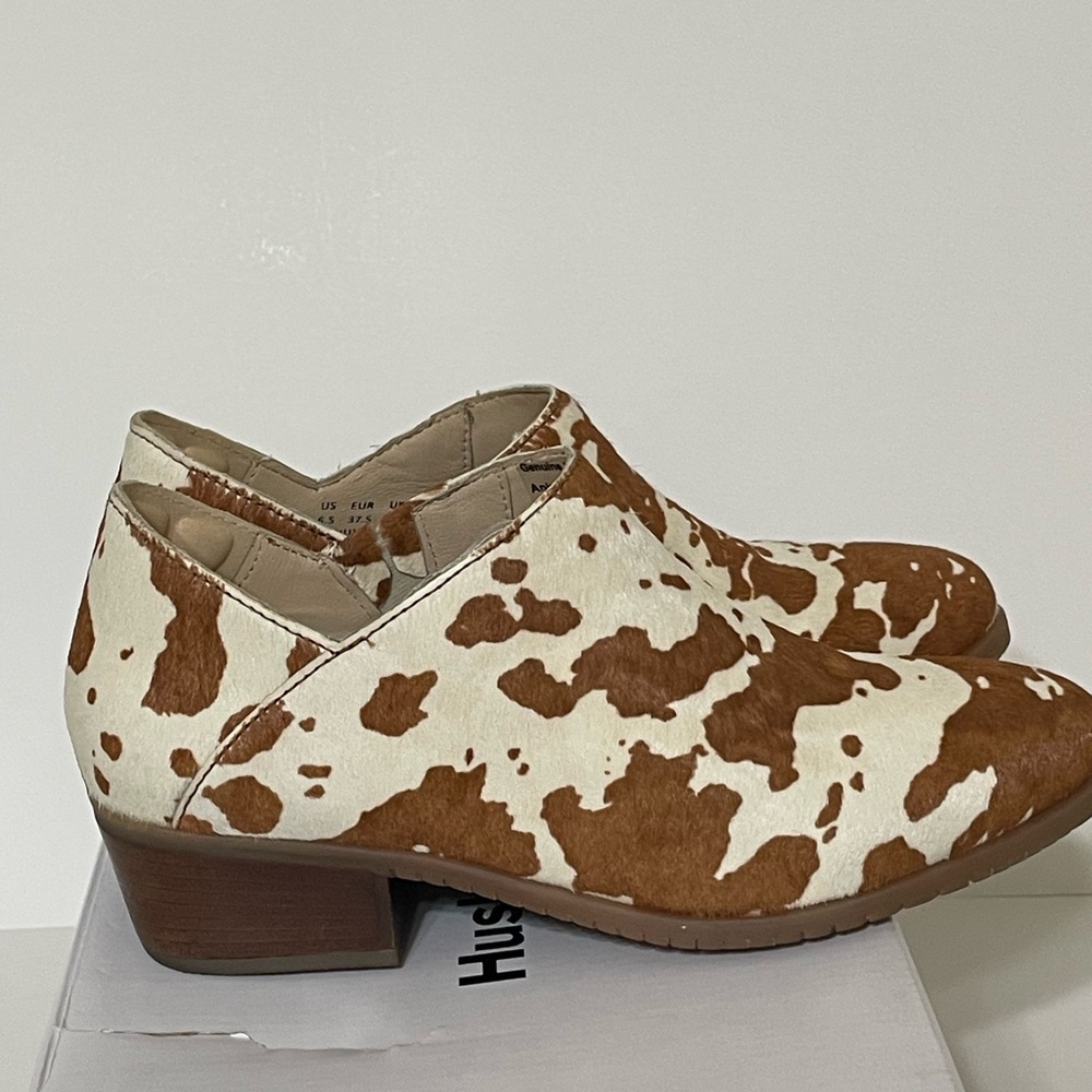 Hush Puppies Sienna Bootie/Shootie Brown Cow White Print Fur/leather Comfy 6.5 - Picture 6 of 14